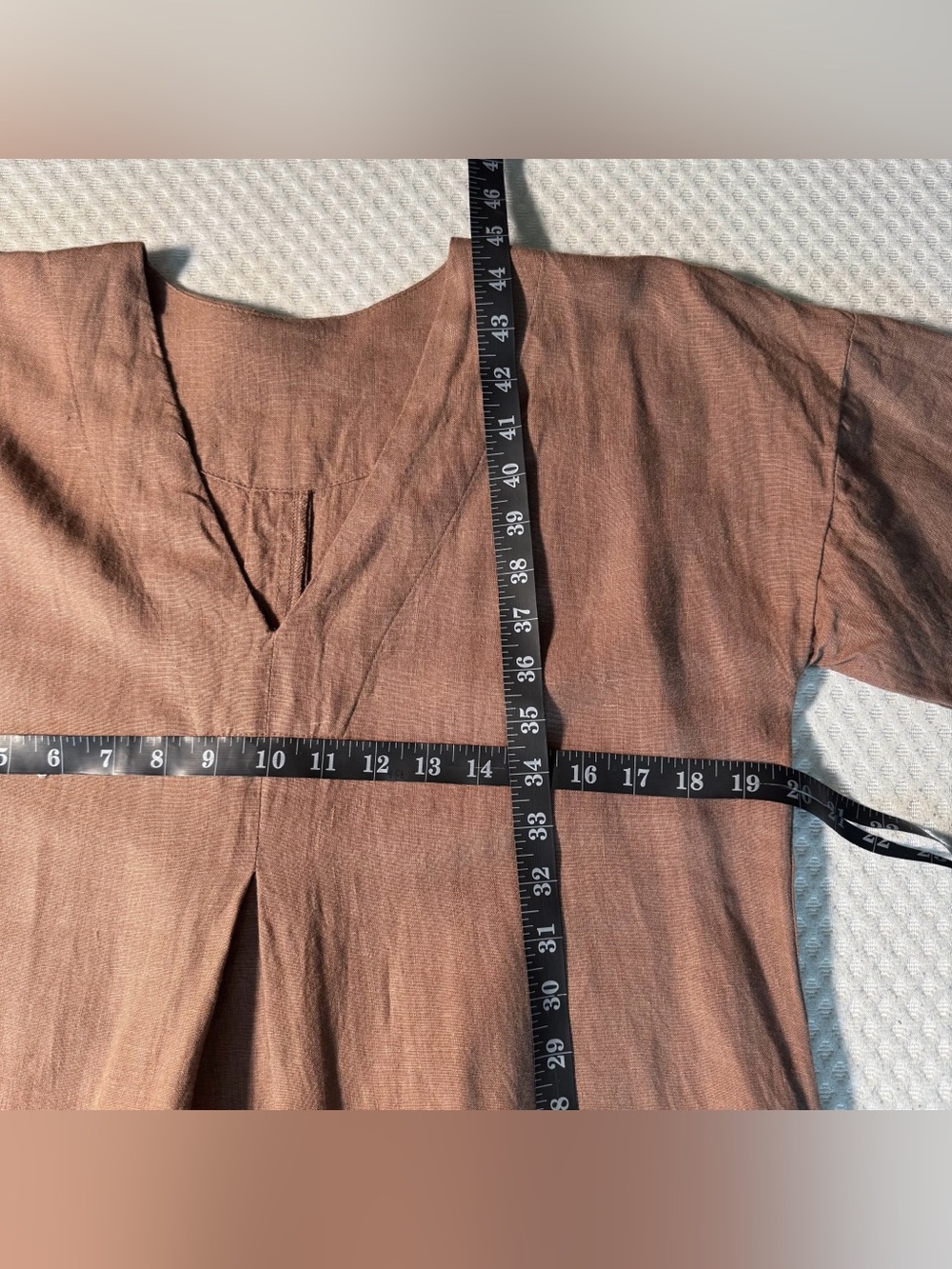 Women's V-Neck Brown Linen Midi Dress - Picture 9 of 9